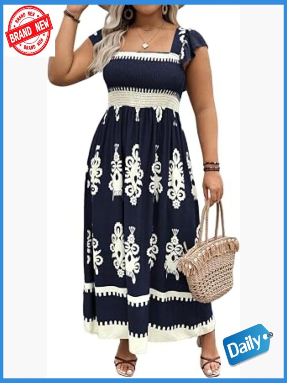 Plus Size Square Neck Tie Back Smocked Flutter Sleeve Flowy Boho Maxi Dress